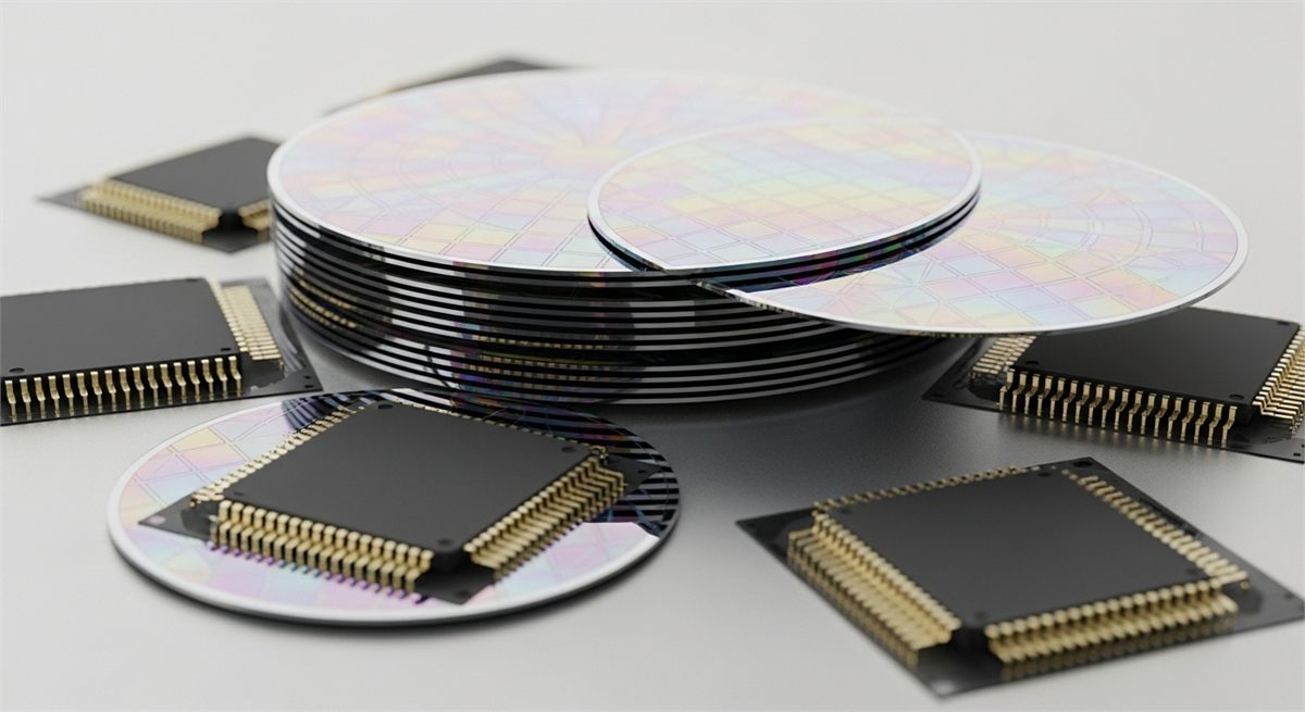 웨이퍼와 반도체 칩 패키지를 가까이서 담은 장면 