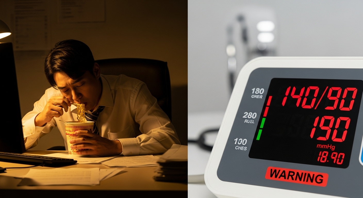 늦은 밤 사무실에서 인스턴트 음식을 먹는 모습과 고혈압 경고가 뜨는 혈압계를 나란히 보여주는 이미지.