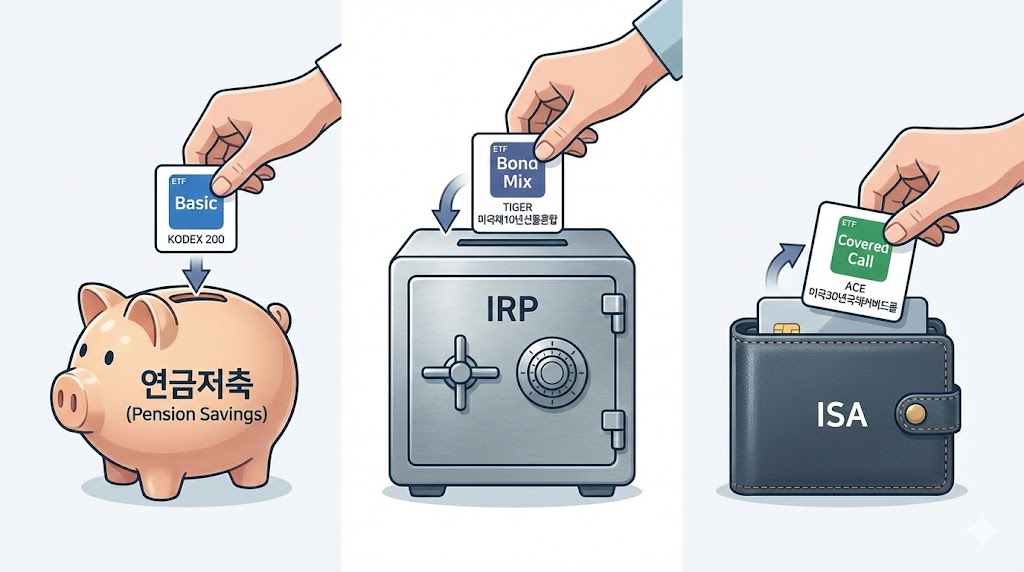 연금저축(기본형), IRP(채권혼합), ISA(커버드콜) 계좌 바구니에 각각 알맞은 ETF가 쏙쏙 들어가는 모습