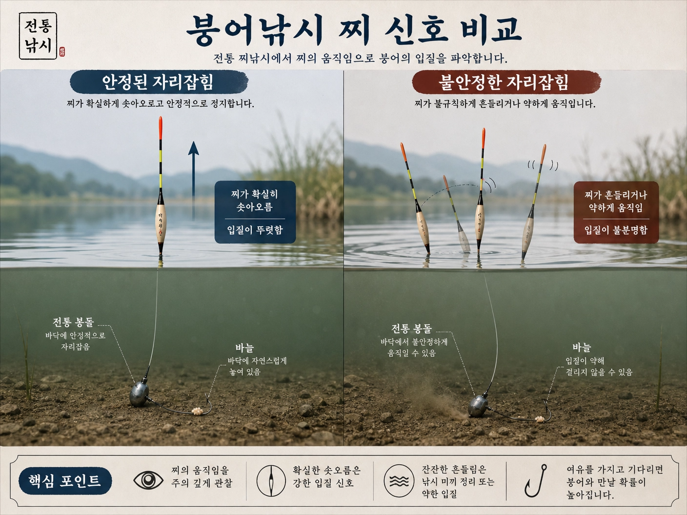 붕어낚시 찌 신호 비교
