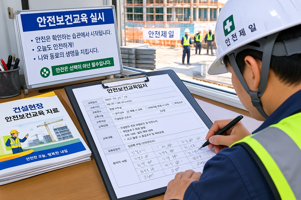 건설현장 안전보건교육일지를 작성하는 모습