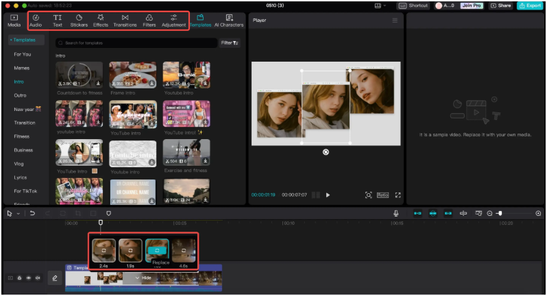 alt="캡컷 무료 템플릿을 선택해 자동으로 영상 편집을 만드는 모바일 편집 화면"