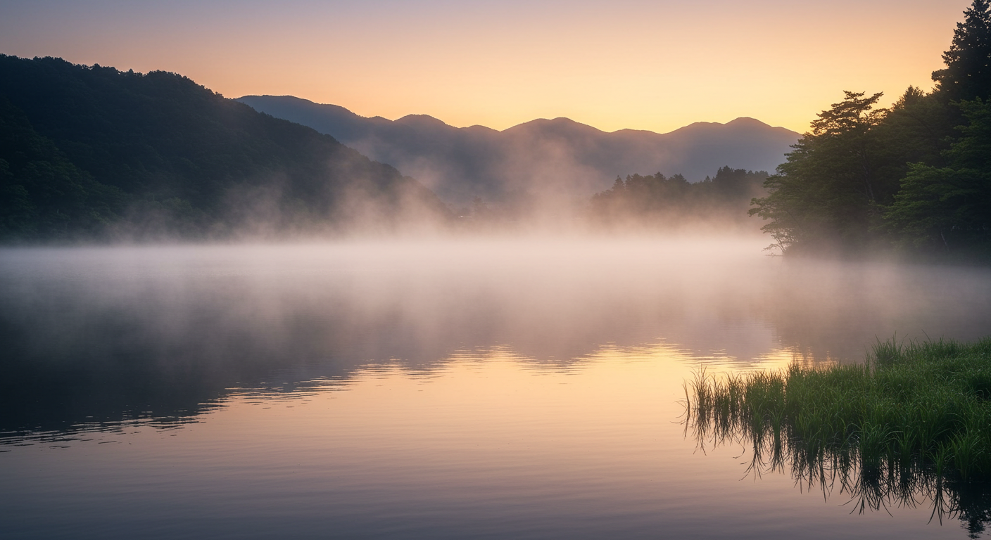 후쿠오카 근교 유후인 킨린 호수의 신비로운 아침 풍경