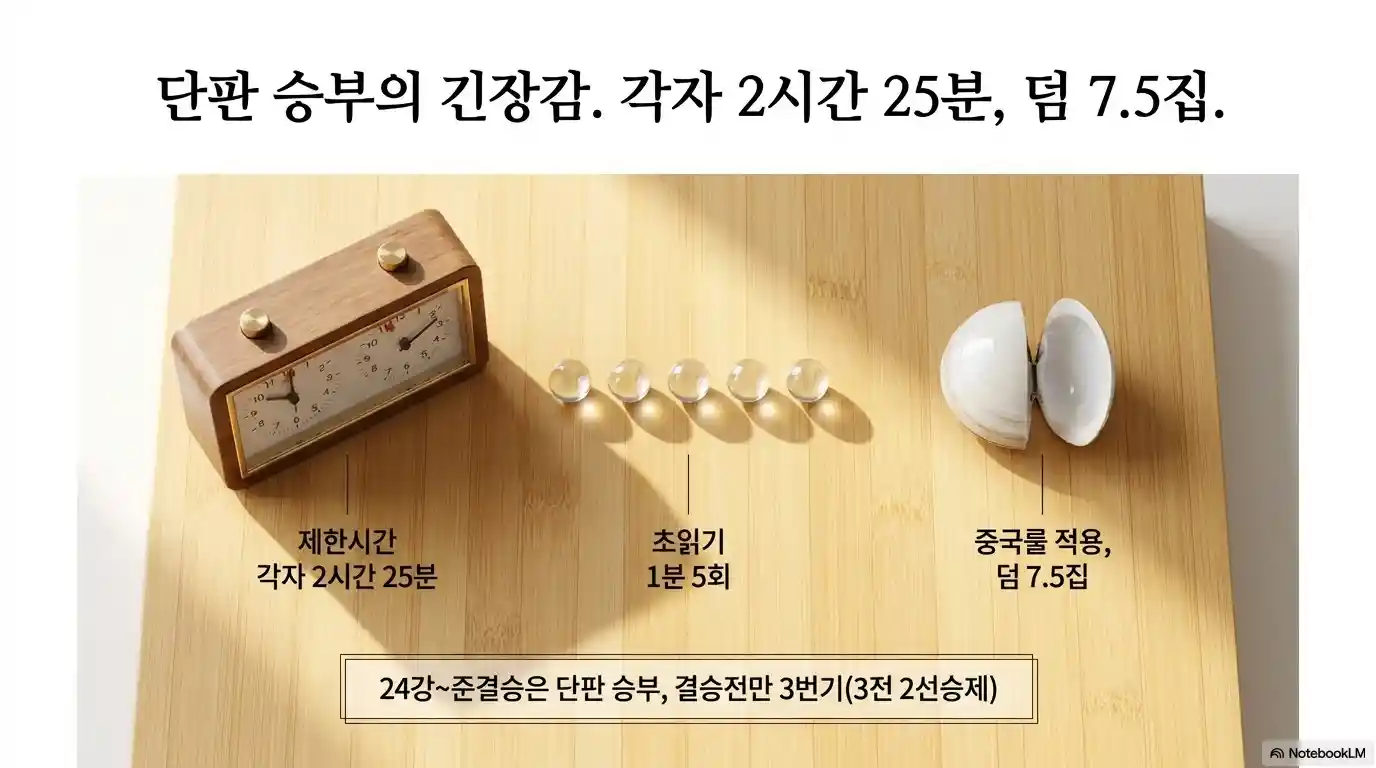 춘란배 대국 규정 제한시간 각자 2시간 25분 초읽기 1분 5회 덤 7.5집 - 중국룰 단판 승부