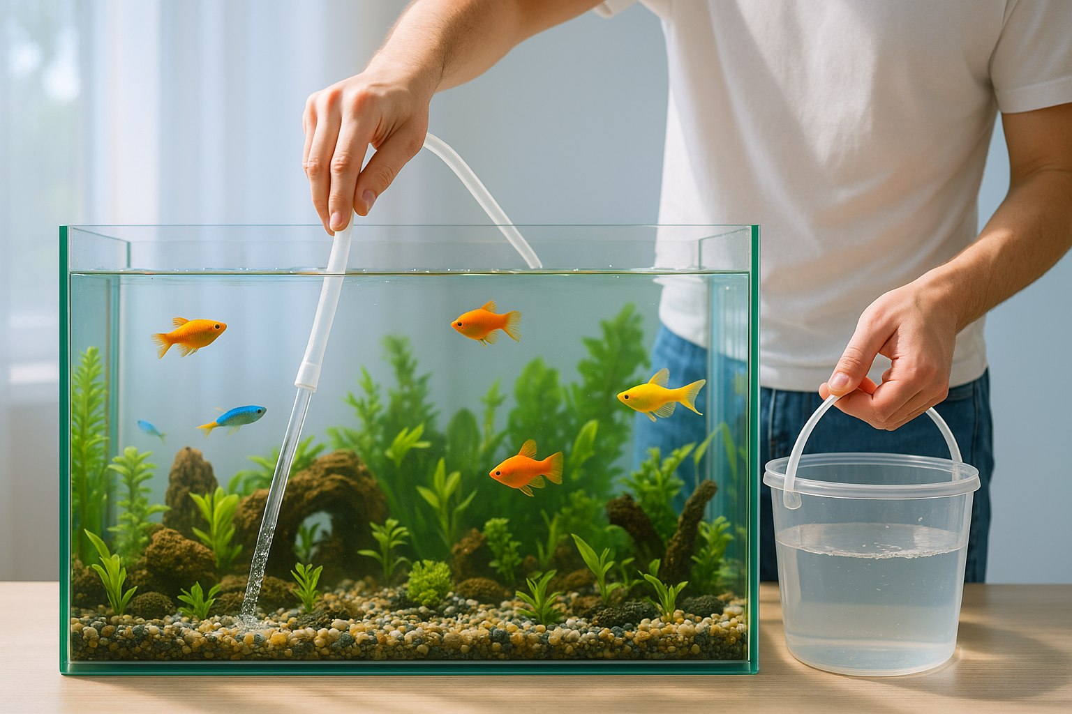 물방울이 맺힌 유리 수조 안에서 다채로운 열대어들이 헤엄치고 있으며, 한 손이 깨끗한 물을 조심스럽게 붓고 있는 모습. 수조 주변에는 건강한 수초와 작은 장식물들이 배치되어 있어, 청결하고 생동감 넘치는 열대어 수조의 물갈이 과정을 한눈에 보여준다.