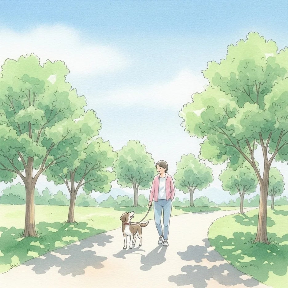 강아지와 함께 산책하며 건강한 일상을 보내는 모습