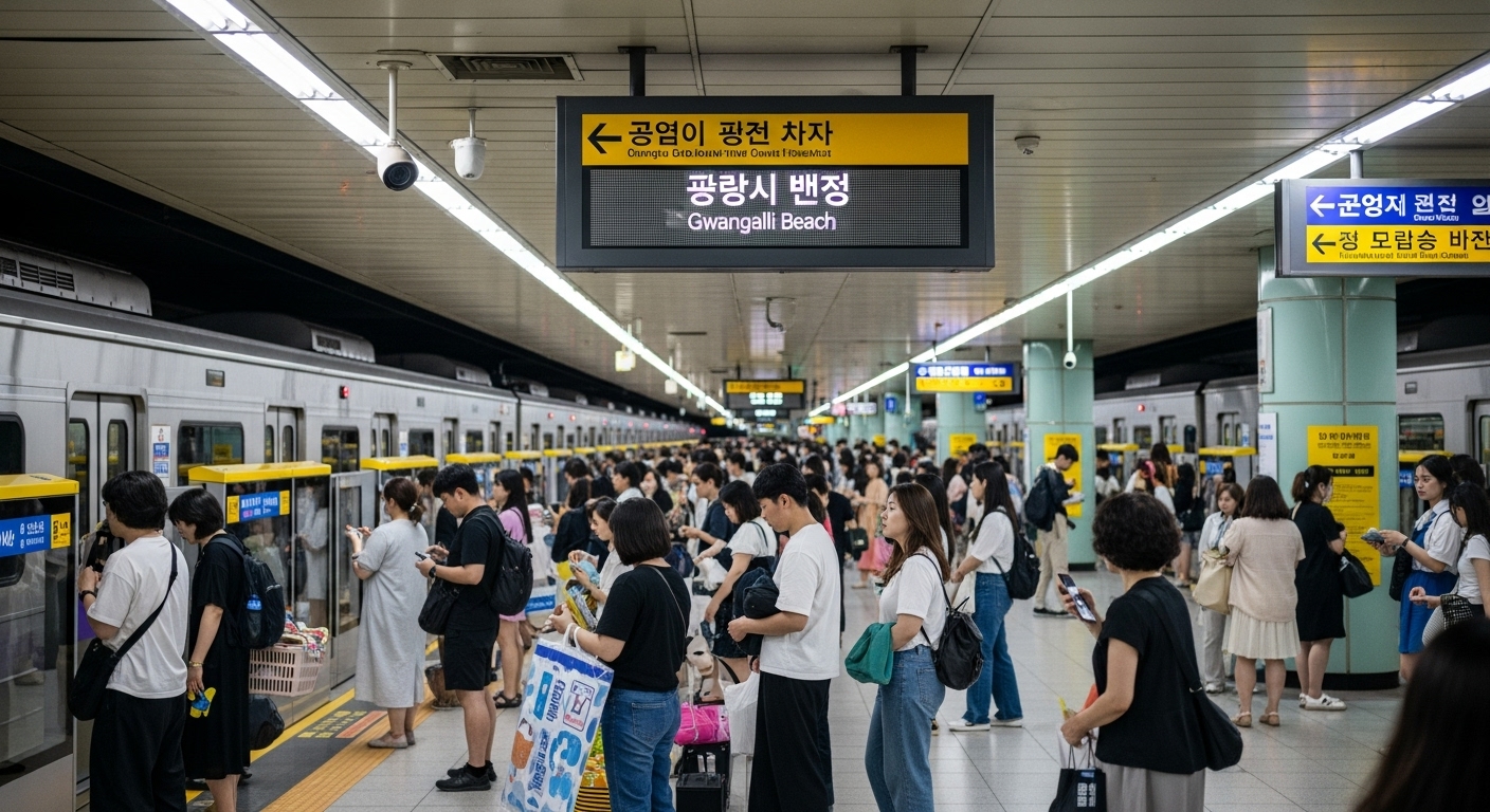 부산불꽃축제 당일, 광안리 방향 지하철을 기다리는 많은 시민들로 붐비는 부산 지하철역 승강장.