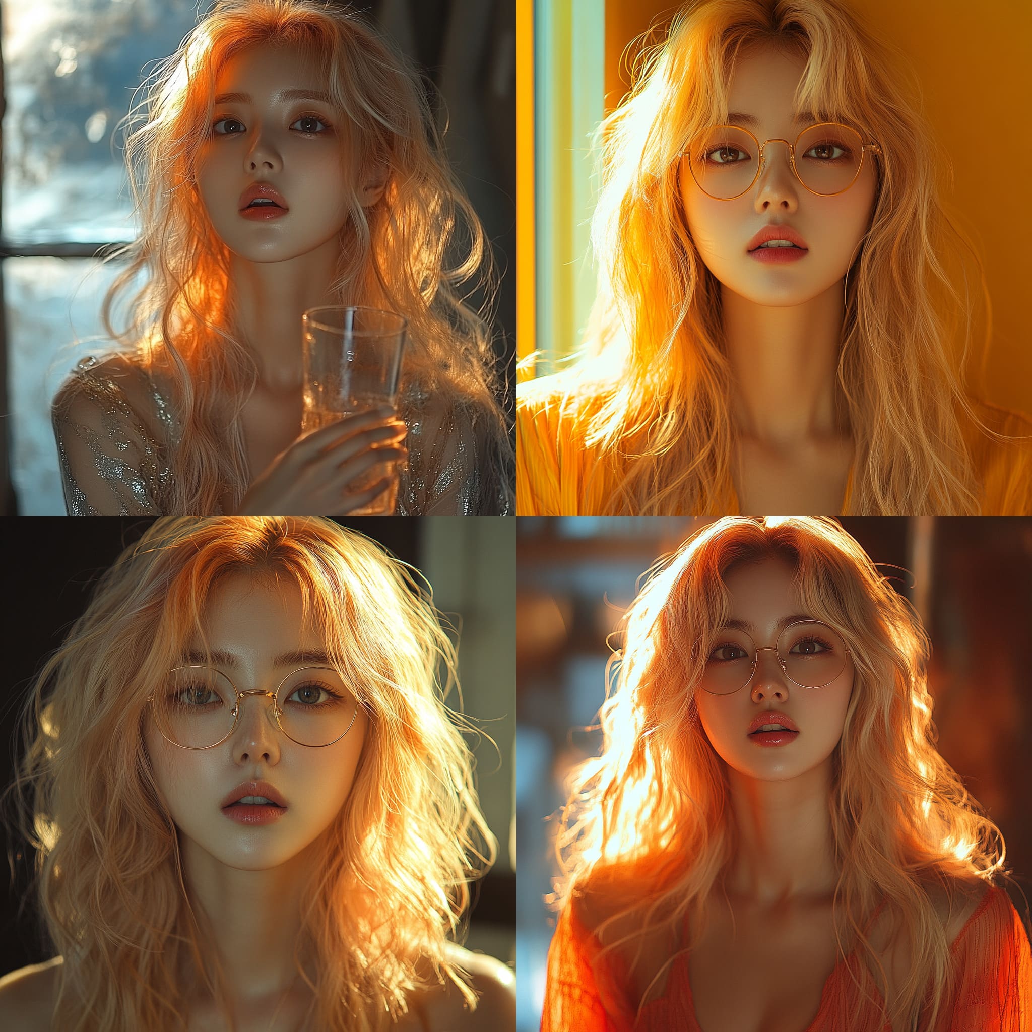 South korea, 20-year-old woman, intelligent appearance, gold hair, long haircut, Cover her face with a glass. --s 1000