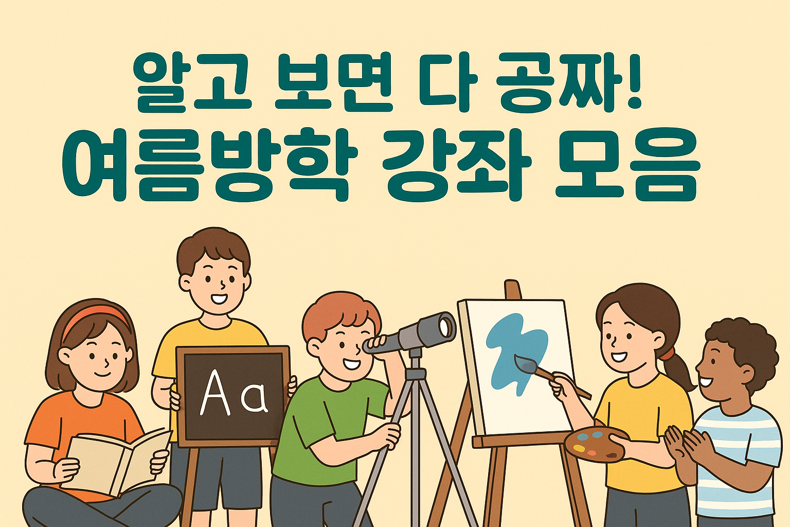 여름방학 무료 강좌와 체험 프로그램에 참여하는 어린이들의 모습 – 독서, 망원경 관찰, 그림 그리기 활동 포함