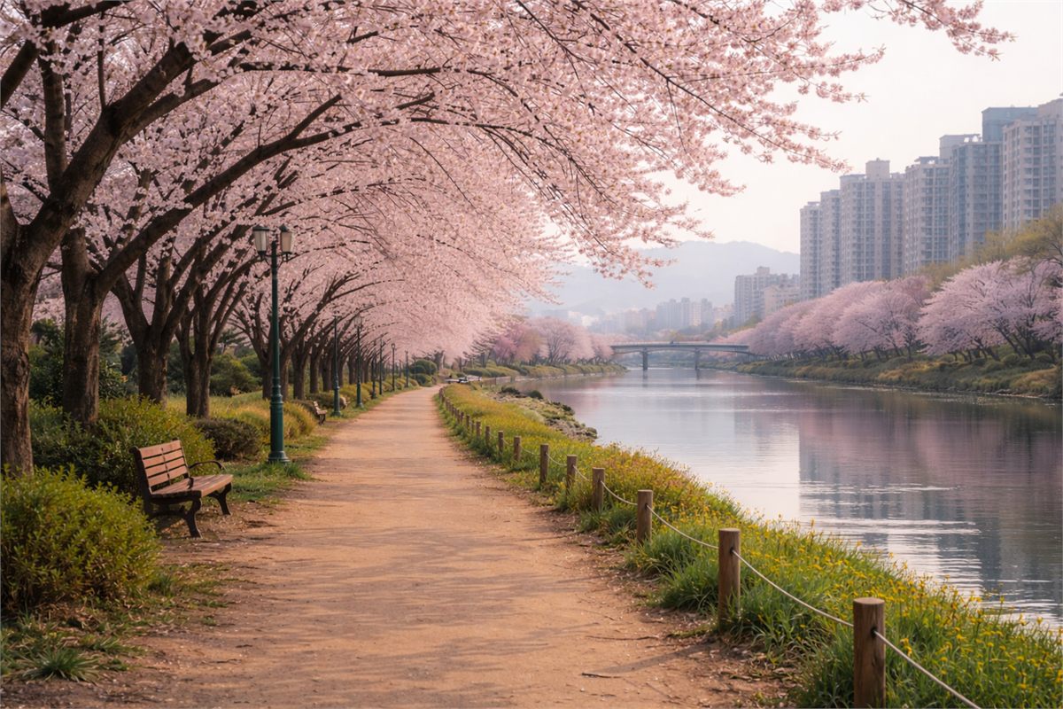 강변 산책로를 따라 벚꽃이 가득 핀 봄 풍경