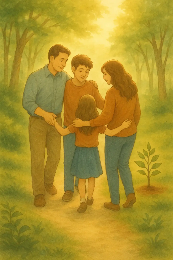 알코올 중독 회복 과정에서 가족이 함께 정서적 유대와 지지를 회복해가는 따뜻한 상징 일러스트. 서로 손을 잡고 희망찬 미래를 바라보는 모습. 키워드: 알코올 중독 회복, 가족 치료, 정서적 지지, 희망.