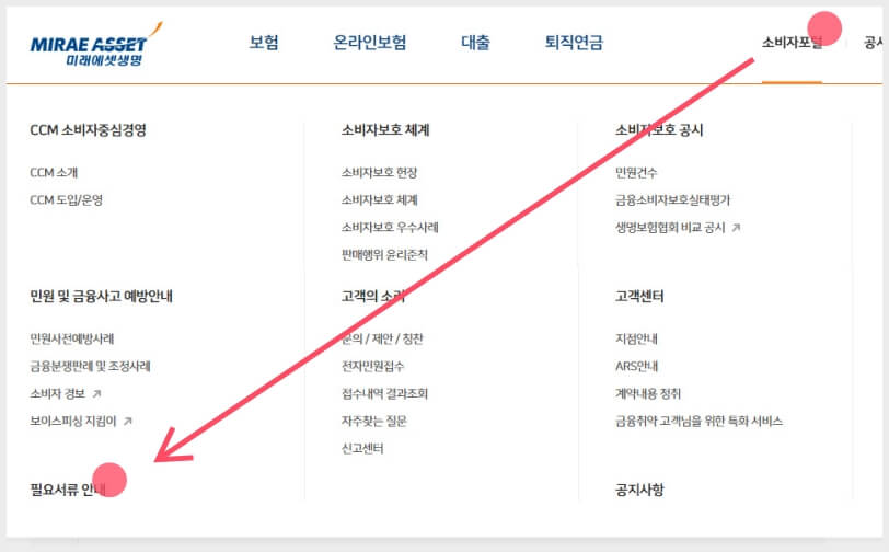 미래에셋생명-홈페이지에서-필요서류-메뉴위치