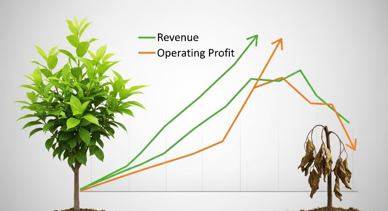 매출과 영업이익 상승 곡선을 보여주는 그래프와 성장하는 나무, 그리고 하락 곡선을 보여주는 그래프와 시들어가는 식물이 함께 그려져 있어, 기업의 재무 상태에 따른 성패를 시각적으로 나타낸 이미지.