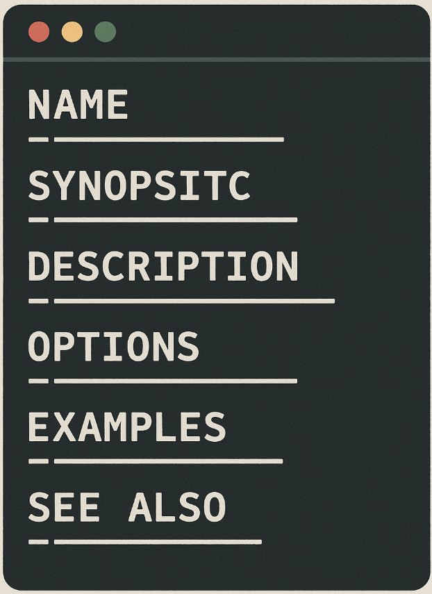 ๋ฆฌ๋
์ค man ํ์ด์ง NAME, SYNOPSIS, OPTIONS, EXAMPLES ์น์
๊ตฌ์กฐ