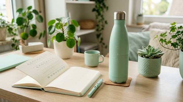 하루 물 섭취 루틴을 메모해 둔 책상 장면