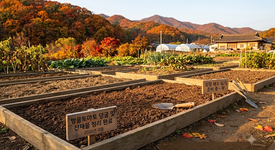 가을철 방울토마토 수확 후 잔사를 정리하고 토양을 개량하는 텃밭 전경