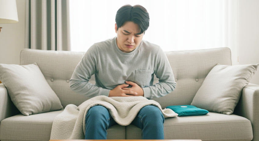 장염증상으로 힘들어 하는 남성