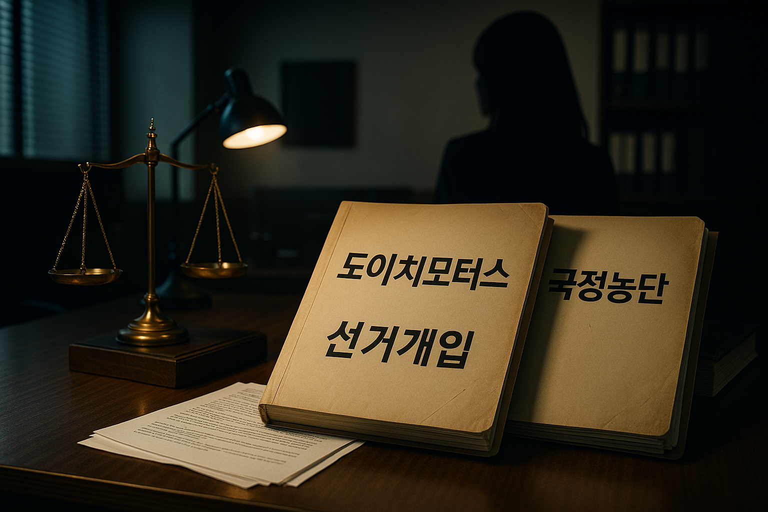 특검 파일들이 책상에 있고, 김건희 실루엣이 배경에 있는 장면 이미지