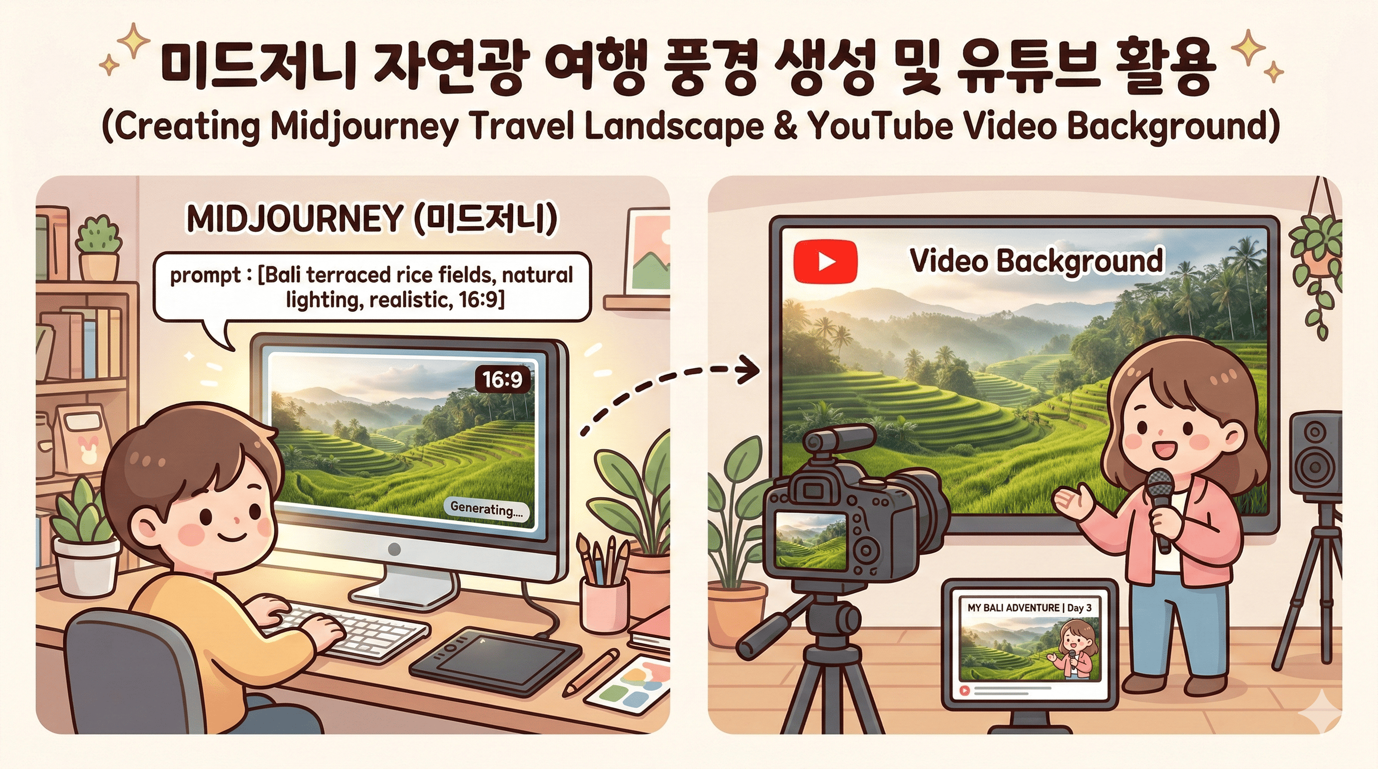 미드저니로 자연광 실사 여행 풍경을 16:9로 생성하고 유튜브 영상 배경으로 활용하는 장면