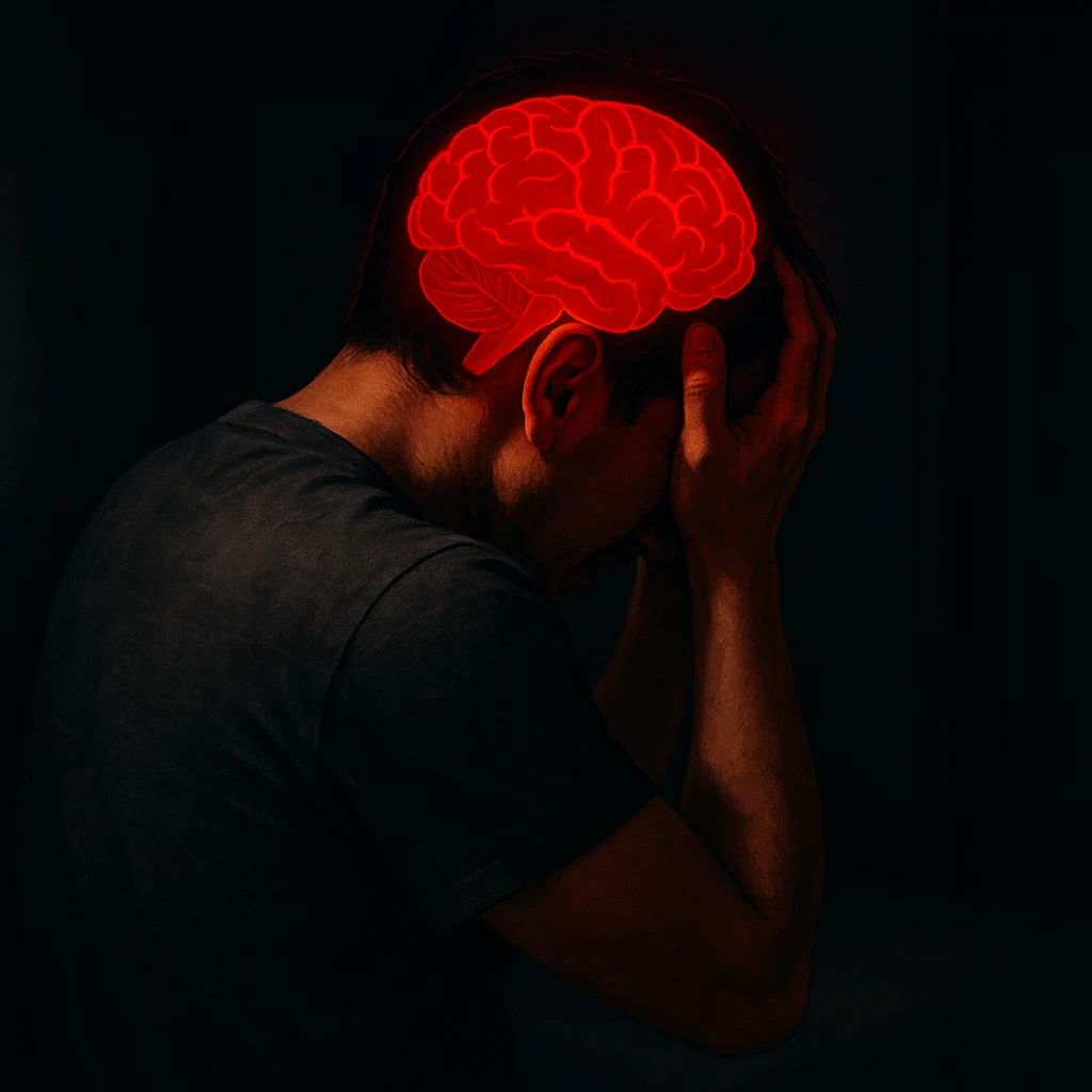 어두운 방에서 고통스러운 표정으로 머리를 감싸 쥔 성인의 뒷모습