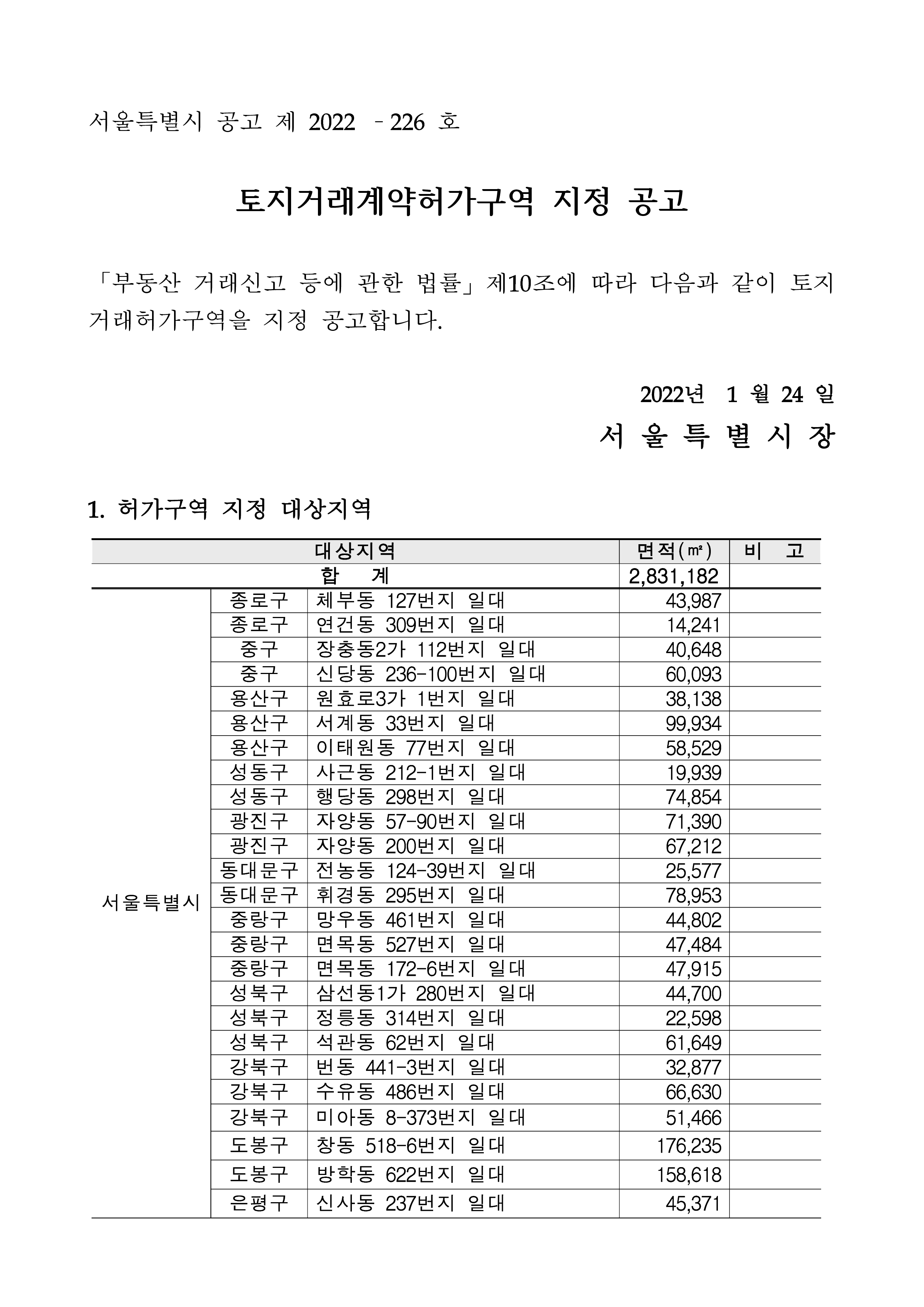 토지거래계약허가구역 지정 공고문 p. 1