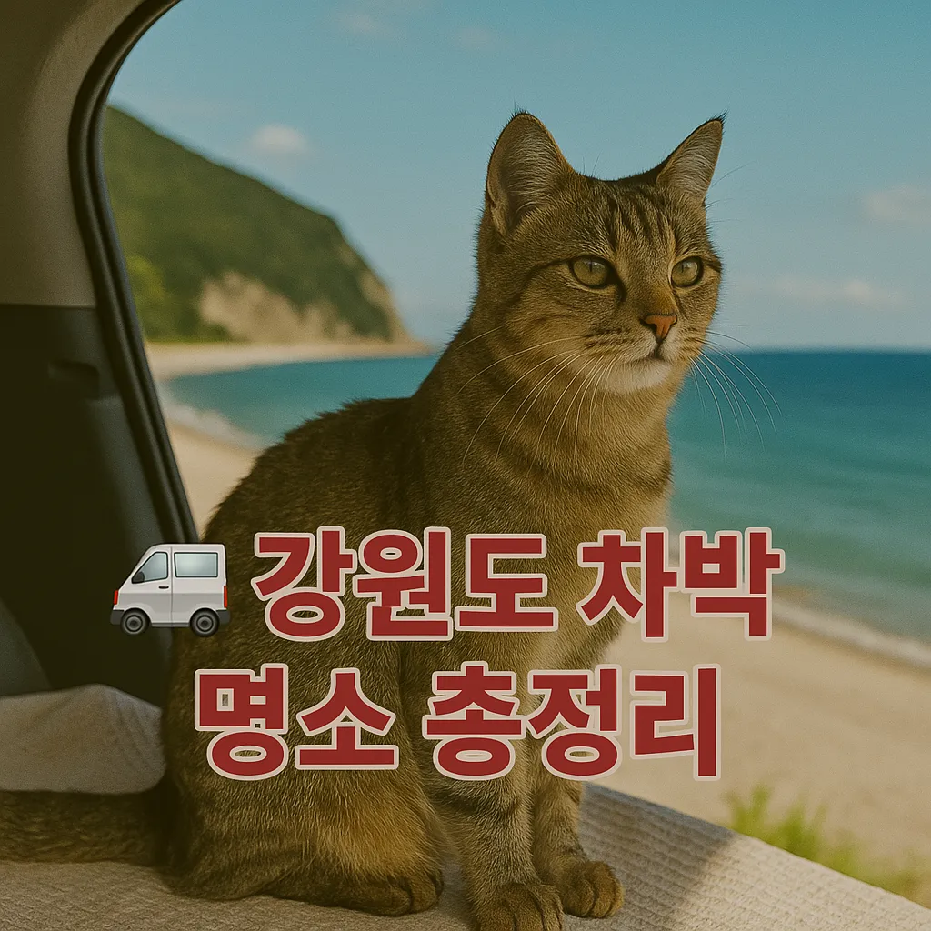 강원도 차박, 차박 명소 강원도 해안가를 배경으로 차량 트렁크 위에 앉아 있는 고양이