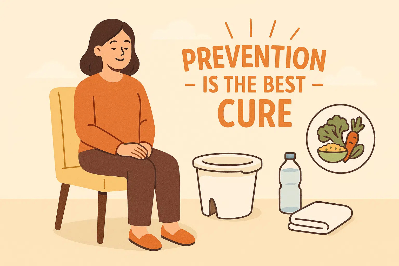 밝은 분위기 속에서 편안히 앉아 있는 사람, 옆에는 좌욕기·수건·물병·채소와 곡물이 담긴 고섬유질 식단 아이콘, ‘예방이 최고의 치료’ 메시지
