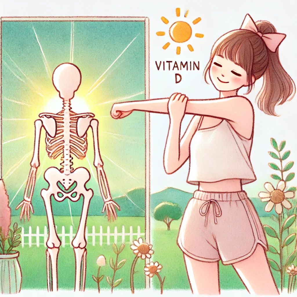 햇빛 아래서 스트레칭하는 여성 (비타민 D 흡수 강조)