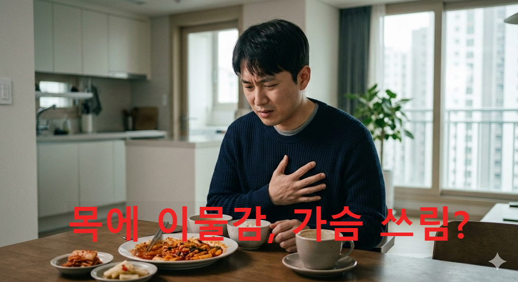 가슴 통증으로 불편해하며 명치를 잡고 있는 역류성 식도염 증상 이미지