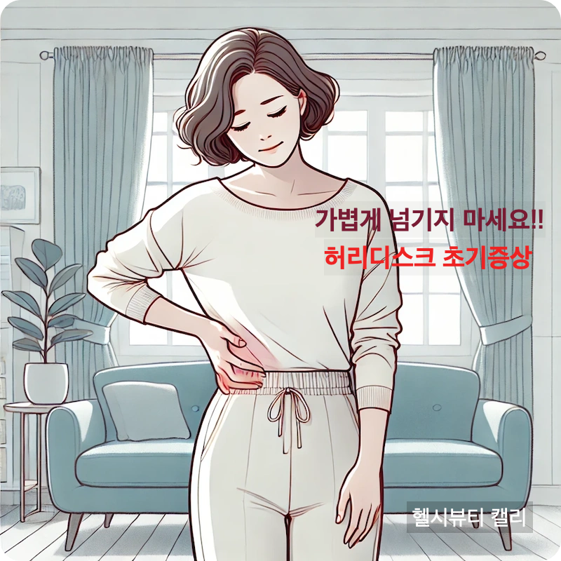 허리 통증을 느끼며 허리를 짚고 있는 중년 여성
