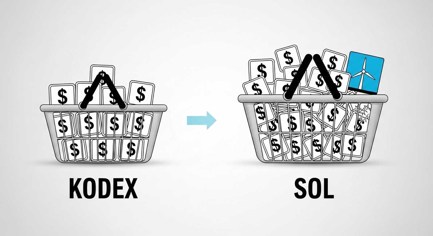 KODEX(10개 종목 바구니)와 SOL(20개 종목 바구니)이 그려진 비교 인포그래픽