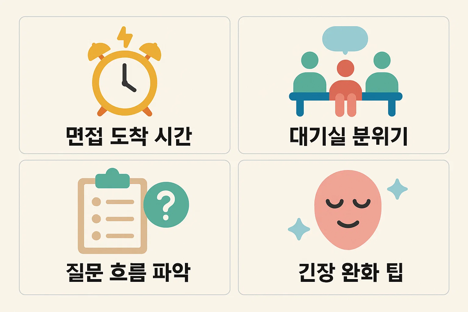 면접 도착 시간, 대기실 분위기, 질문 흐름 파악, 긴장 완화 요령 등 청소년지도사 면접 당일 준비 포인트를 한눈에 보여주는 인포그래픽