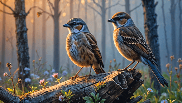 부러진 나뭇가지 위에 참새 두 마리가 앉아있다. 갈색 털을 가졌다.