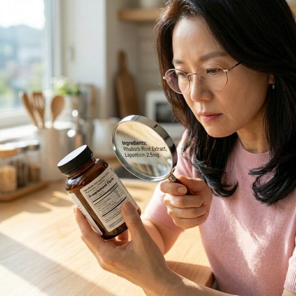갱년기 영양제 성분 라벨을 돋보기로 확인하고 있는 중년 여성