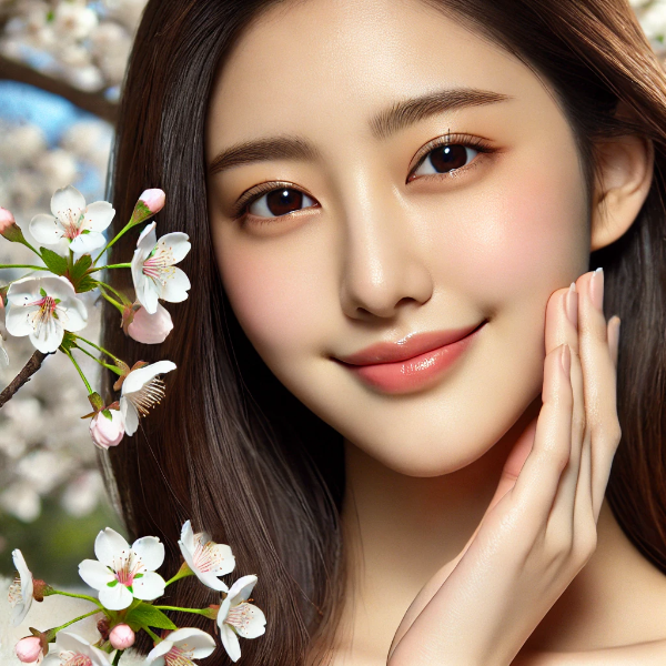 벚꽃 아래에서 부드럽게 미소 지으며 볼을 터치하는 동양인 여성