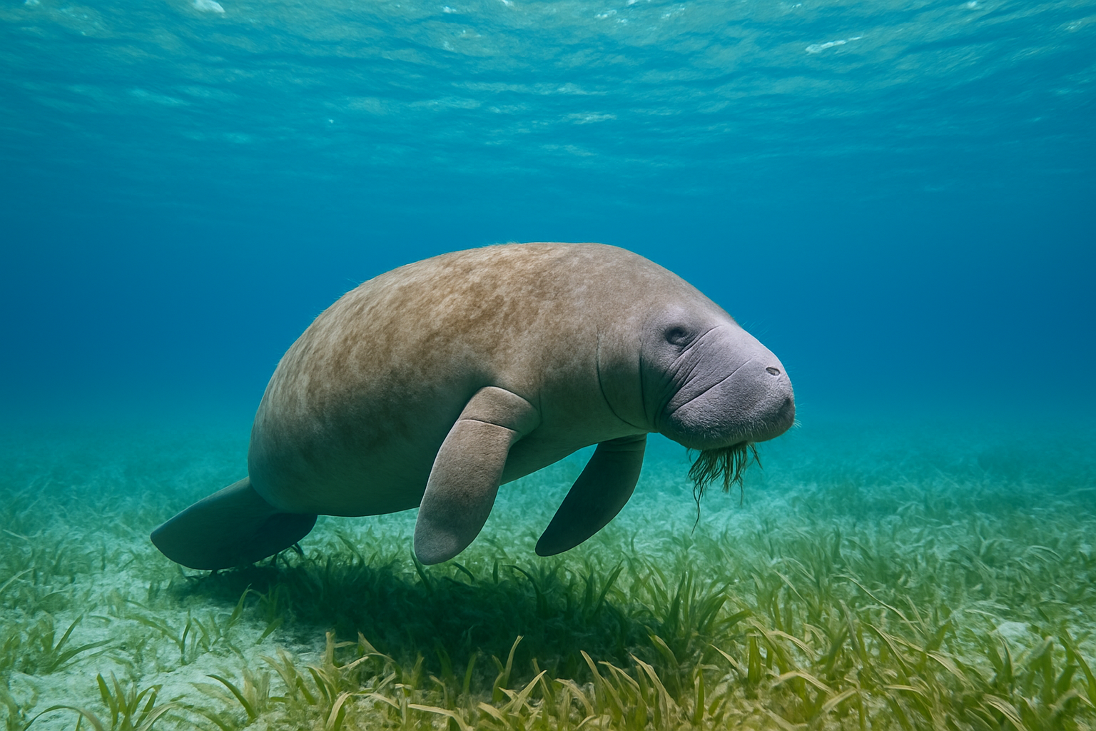 해초를 먹고 사는 초식성 포유류 마나티(manatee)의 모습