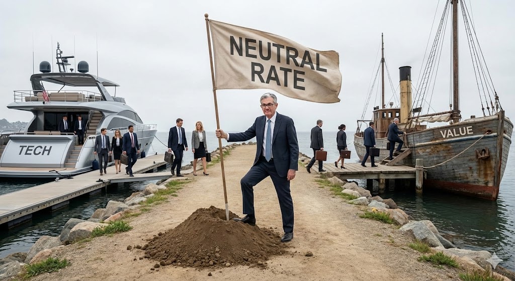 제롬 파월 의장이 '중립 금리(Neutral Rate)'라고 적힌 깃발을 꽂자, 투자자들이 빅테크(기술주) 배에서 내려 가치주 배로 갈아타는 모습