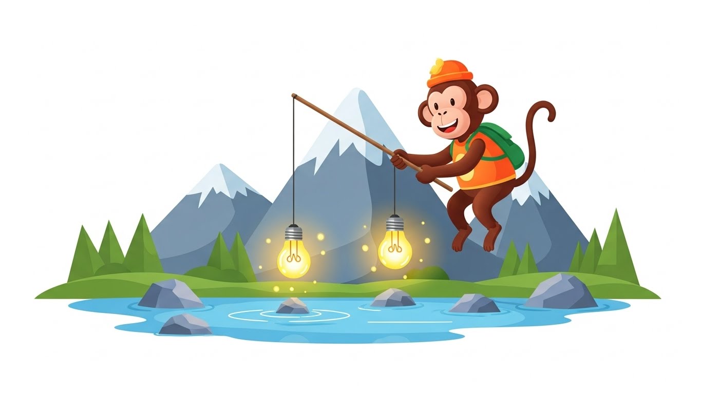 맑은 연못에서 반짝이는 아이디어의 영감을 낚아 올리며 즐거워하는 영리한 원숭이띠 캐릭터 이미지