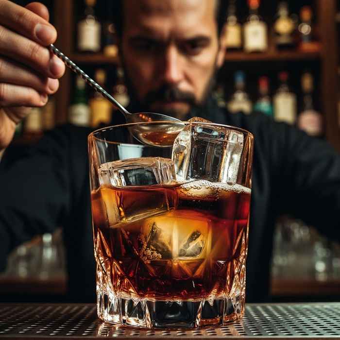 뉴올리언스 스타일의 뷰 카레 칵테일을 믹싱 글라스에서 스티어링하는 과정