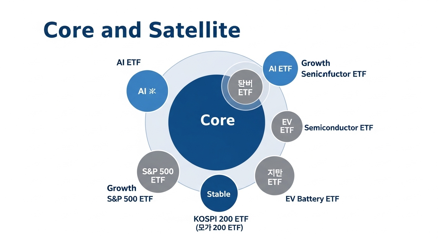 핵심(Core) 자산과 위성(Satellite) 자산으로 구성된 ETF 투자 포트폴리오 다이어그램