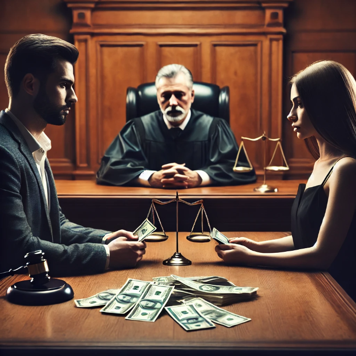 판사 앞에 서 앉아 있는 이혼부부