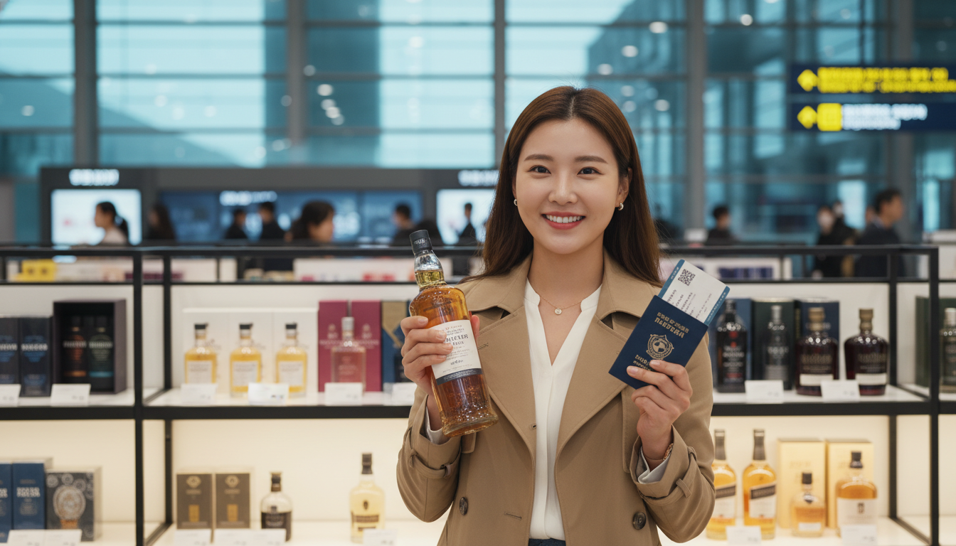 공항 면세점에서 위스키를 들고 만족스럽게 서 있는 한국인 여행객