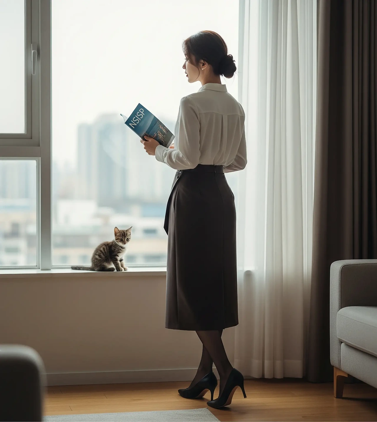 캐나다 NSISP 조기유학 브로셔를 들고 창밖을 보며 고민하는 한국인 학부모