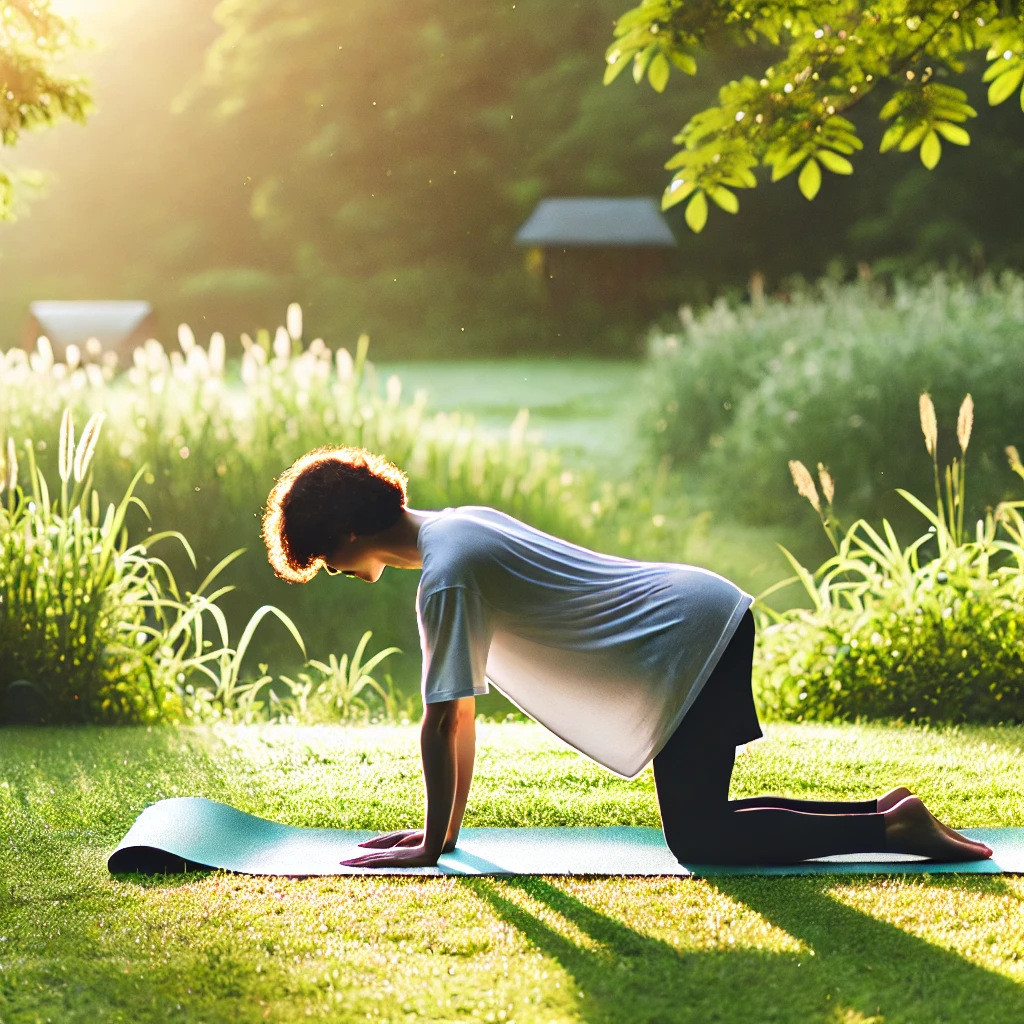 "야외 요가 매트 위에서 고양이-소 자세를 수행하는 사람: 폐와 척추를 부드럽게 자극해 폐 기능 회복과 혈액순환을 돕는 동작"