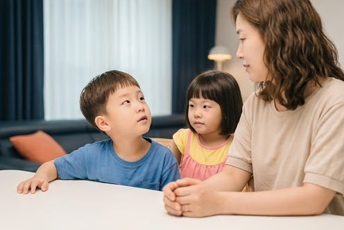 엄마를 바라보며 솔직하게 말하는 아들과 곁의 딸