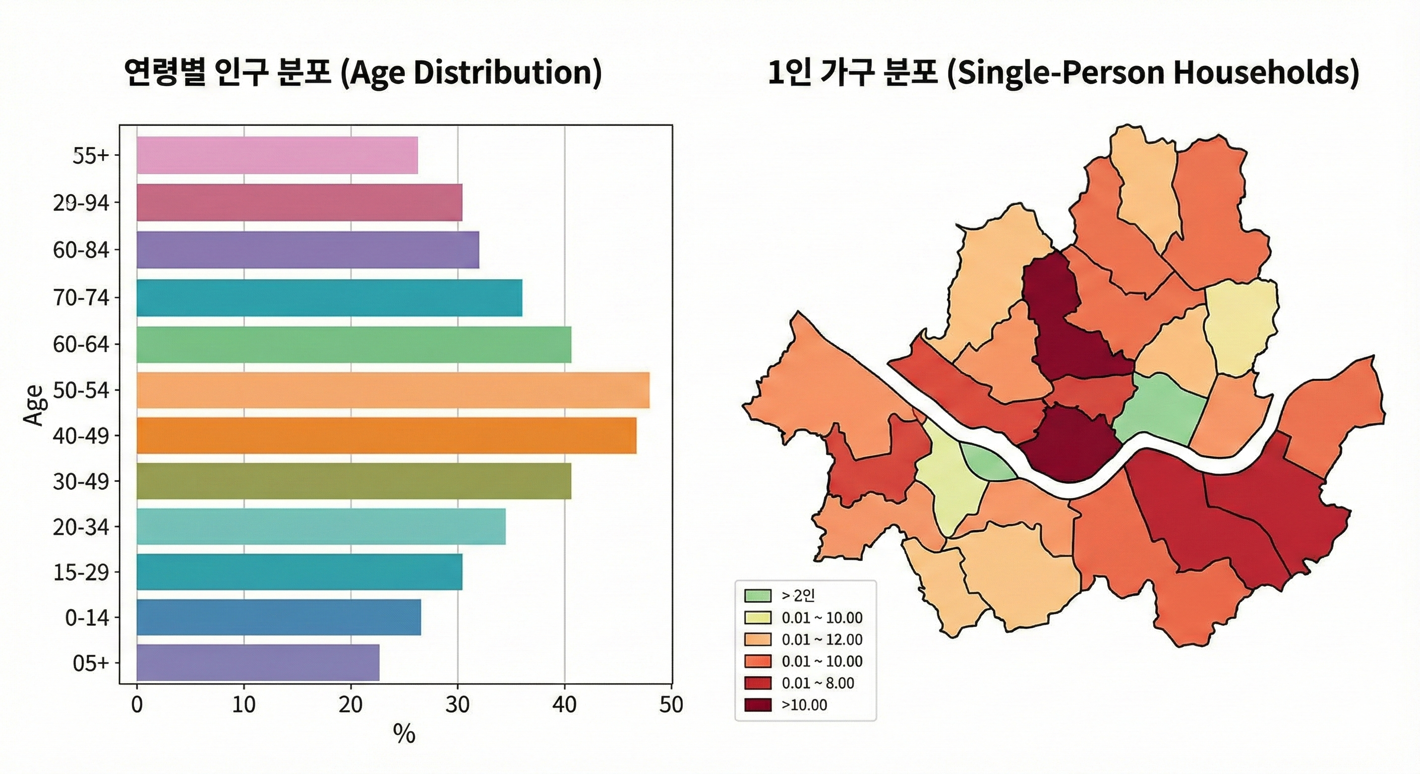 연령별 인구 및 1인 가구 분포 인포그래픽 두 가지 인구 통계 데이터를 전문적인 인포그래픽 스타일로 나란히 배치하여 시각적 연관성을 높였습니다.