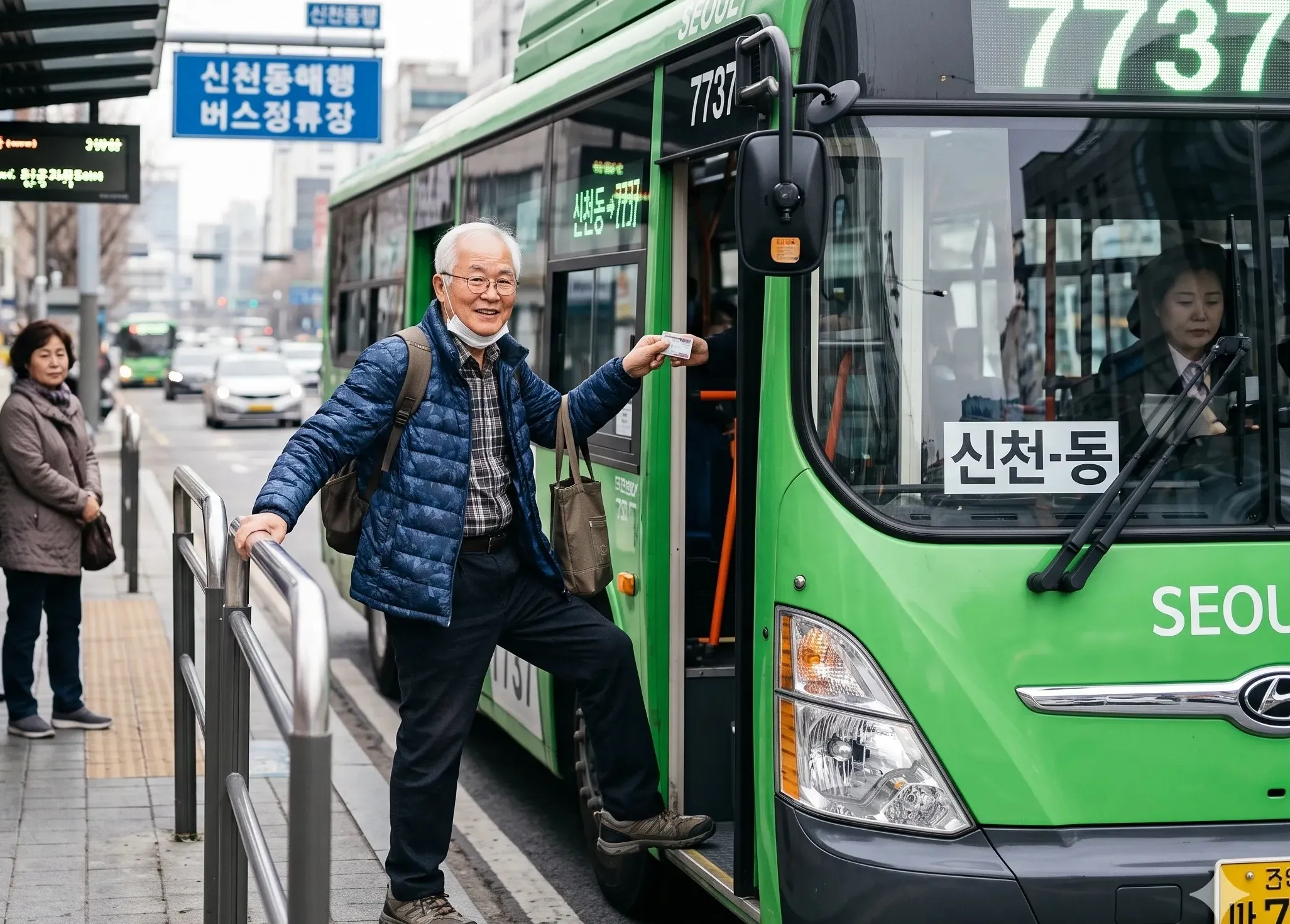 정류장에서 버스에 올라타는 노인