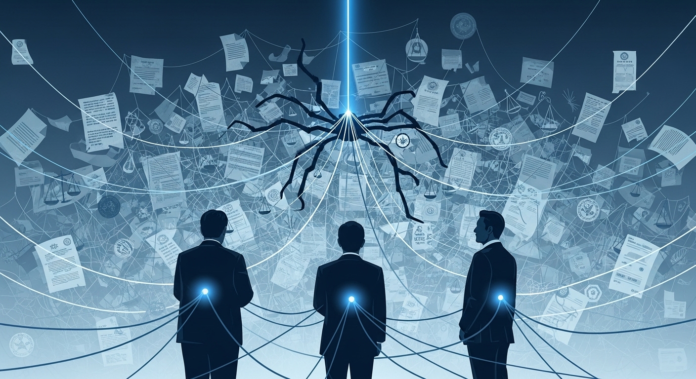 세 명의 주요 인물 실루엣이 복잡한 법적 문서 웹 앞에 서 있는 모습. 내란특검 수사의 얽히고설킨 관계를 상징.