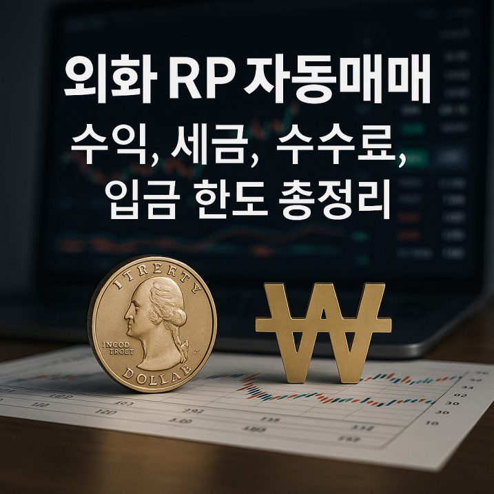 외화 RP 자동매매 수익, 세금, 수수료 입금 한도 구조를 설명하는 이미지.