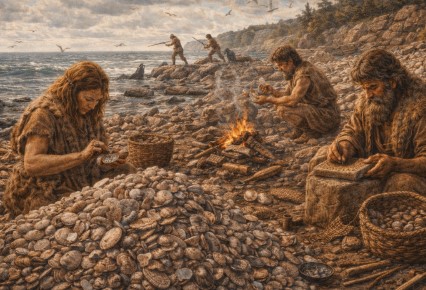 대서양 연안 구석기 문화의 해양 수렵과 조개무지 형성을 묘사함